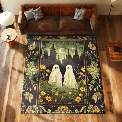 Woodland Ghost Couple Rug Spooky Dark Forest Whimsical Floral Decor | Mystic Moonlit Meadow Rug Cute Ghost Decor Retro Cottagecore Goth Rug