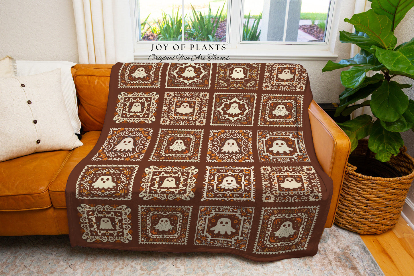 Chocolate Brown Cute Ghost Tapestry | Ghost Love Housewarming Gift Whimsical Throw Blanket Book Nook Bedroom Decor Retro Cozy Fall Vibes |