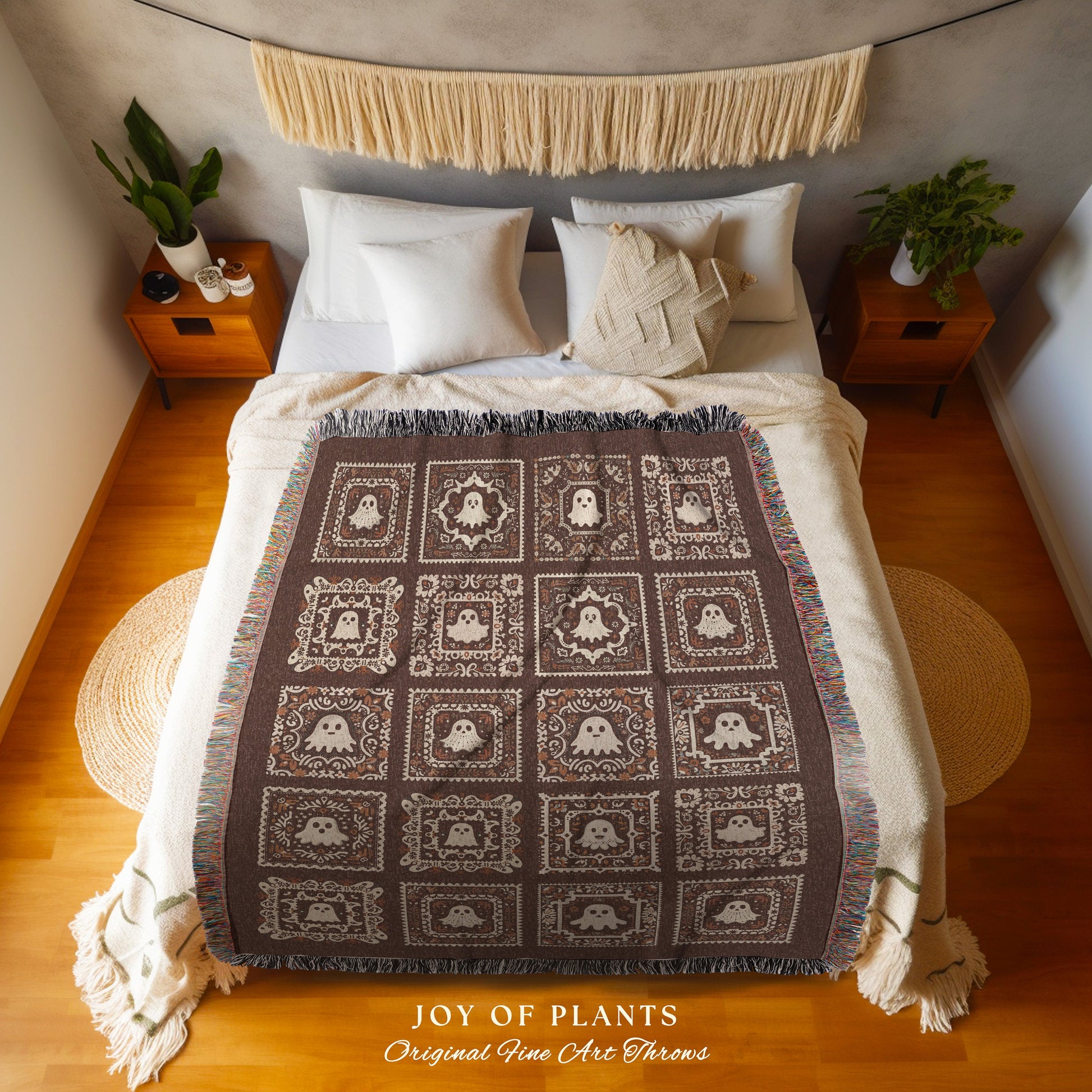 Chocolate Brown Cute Ghost Tapestry | Ghost Love Housewarming Gift Whimsical Throw Blanket Book Nook Bedroom Decor Retro Cozy Fall Vibes |