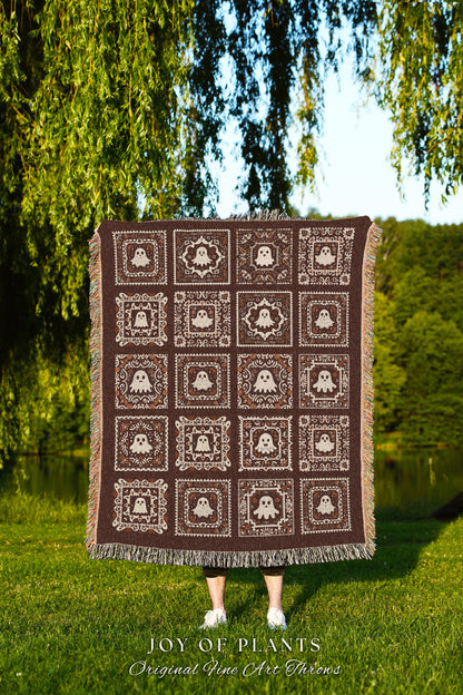 Chocolate Brown Cute Ghost Tapestry | Ghost Love Housewarming Gift Whimsical Throw Blanket Book Nook Bedroom Decor Retro Cozy Fall Vibes |