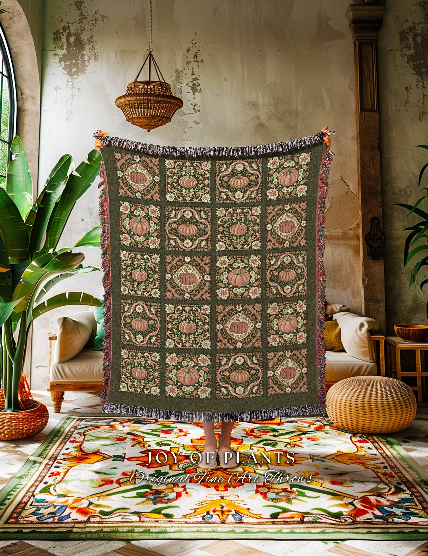 Retro Pumpkin Sage Green Woven Throw Blanket Country Farmhouse Home Decor | Cute Cottagecore Tapestry Throw Rustic Fall Aesthetic Wall Art