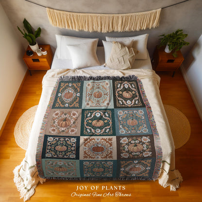 Country Cottage Whimsical Pumpkin Blanket Boho Cottagecore Farmhouse Aesthetic | Scandinavian Folk Art Tapestry Blanket Rustic Retro Decor