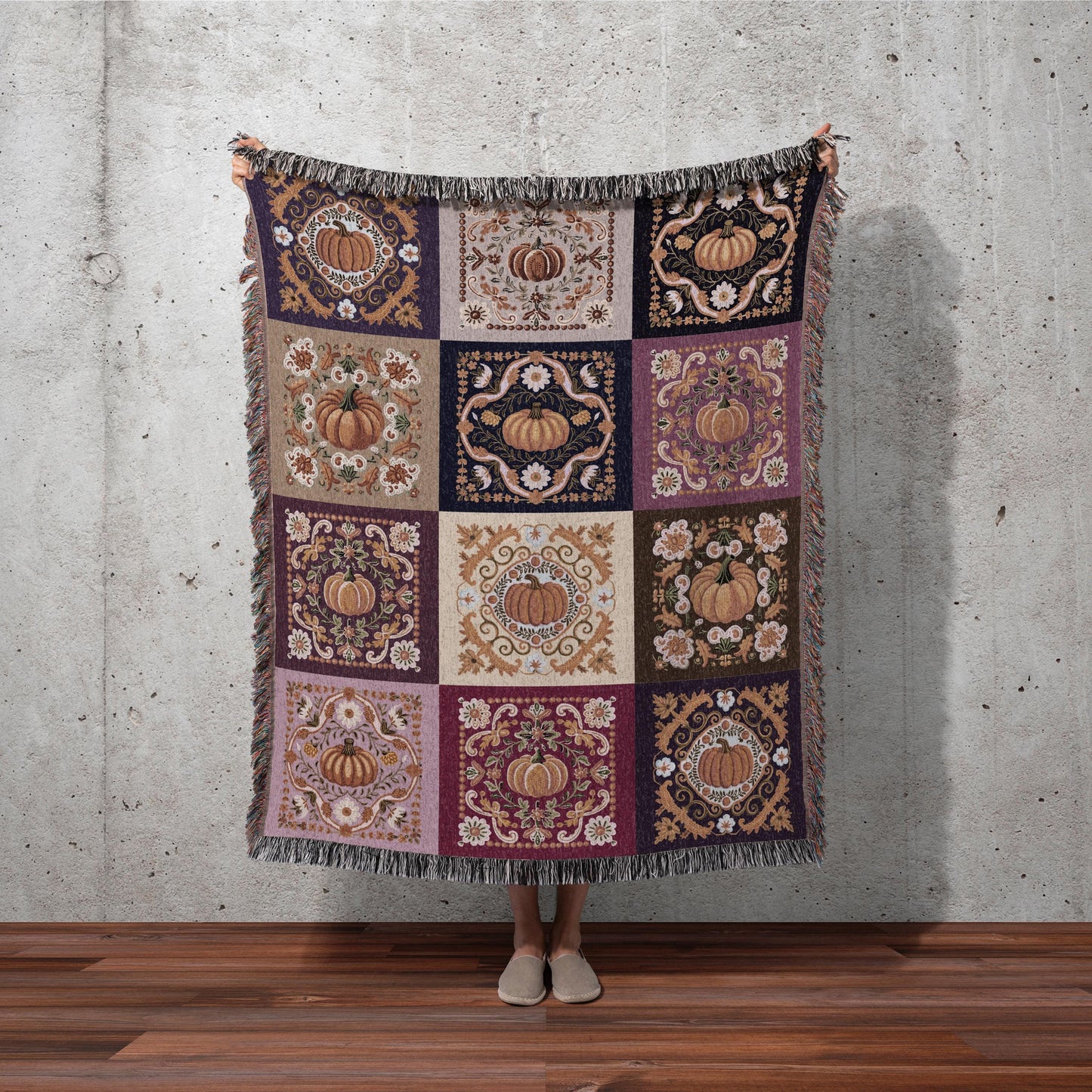 Whimsical Purple Pumpkin Patchwork Blanket Bohemian Cottagegoth Tapestry Trow | Boho Cottagecore Checkered Decor Retro Folk Art Aesthetic