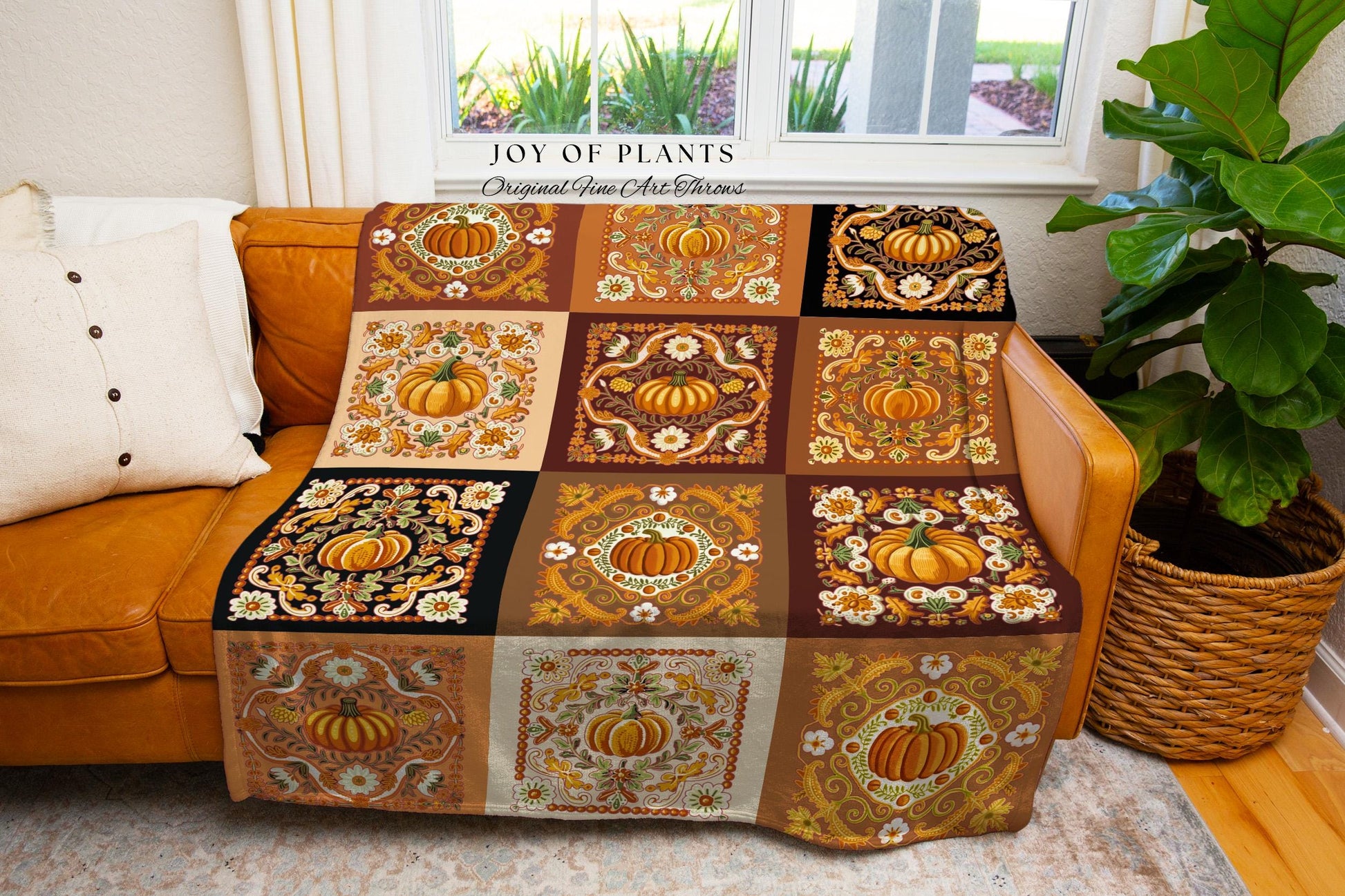 Warm Fall Colors Cozy Pumpkin Tapestry | Autumn Colors Woven Blanket Home Decor Spooky Season Throw Blanket Book Nook Room Decor Fall Vibes