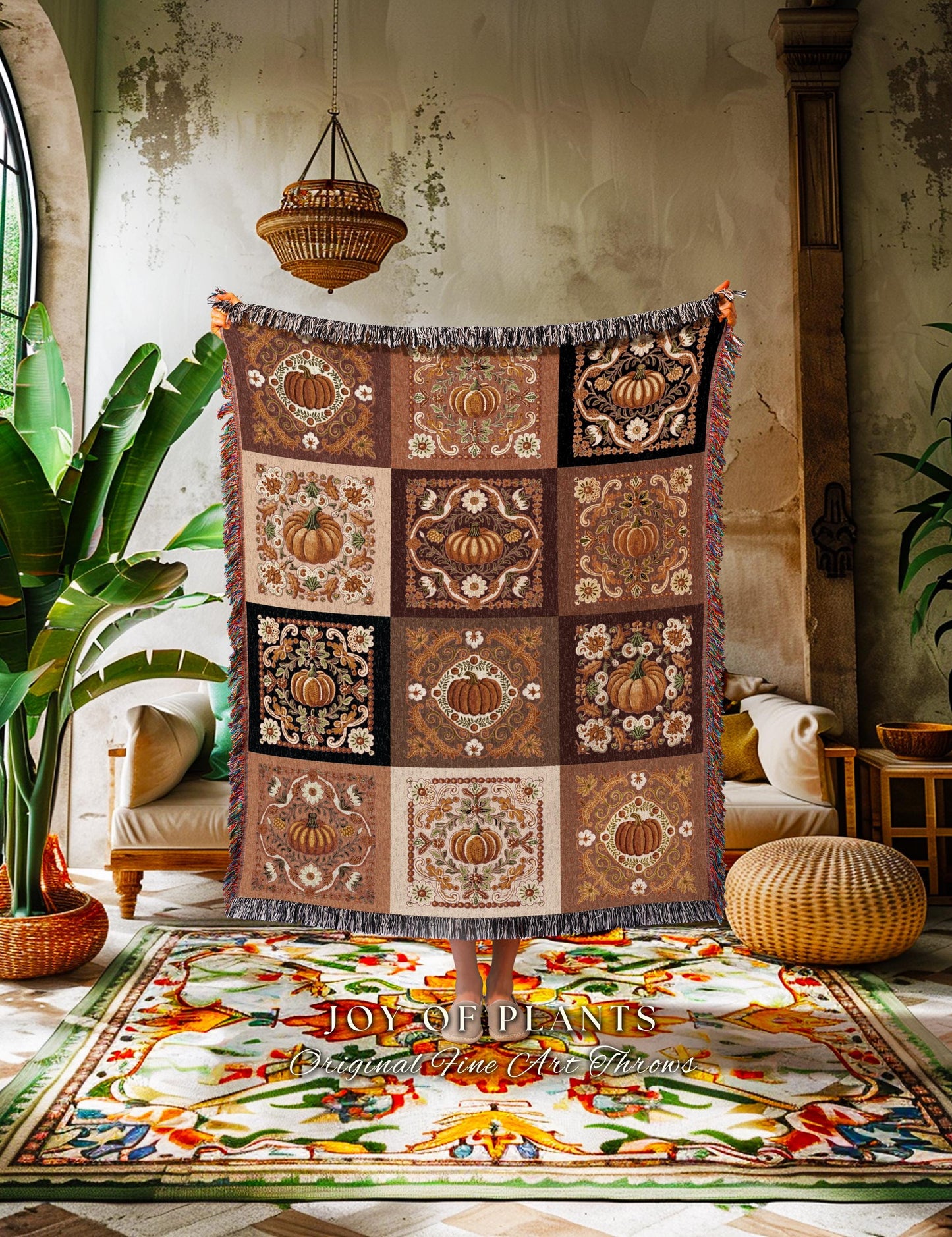 Warm Fall Colors Cozy Pumpkin Tapestry | Autumn Colors Woven Blanket Home Decor Spooky Season Throw Blanket Book Nook Room Decor Fall Vibes