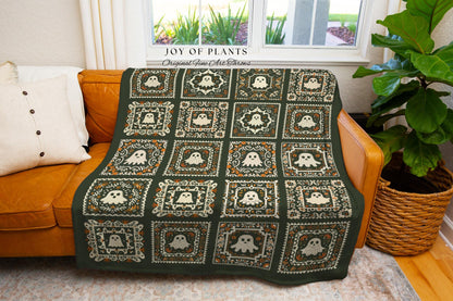 Cute Ghost Throw Blanket Cozy Goth | Dark Forest Green Whimsigoth Throw Blanket Book Nook Home Decor Retro Fall Vibes Gift for Ghost Lover