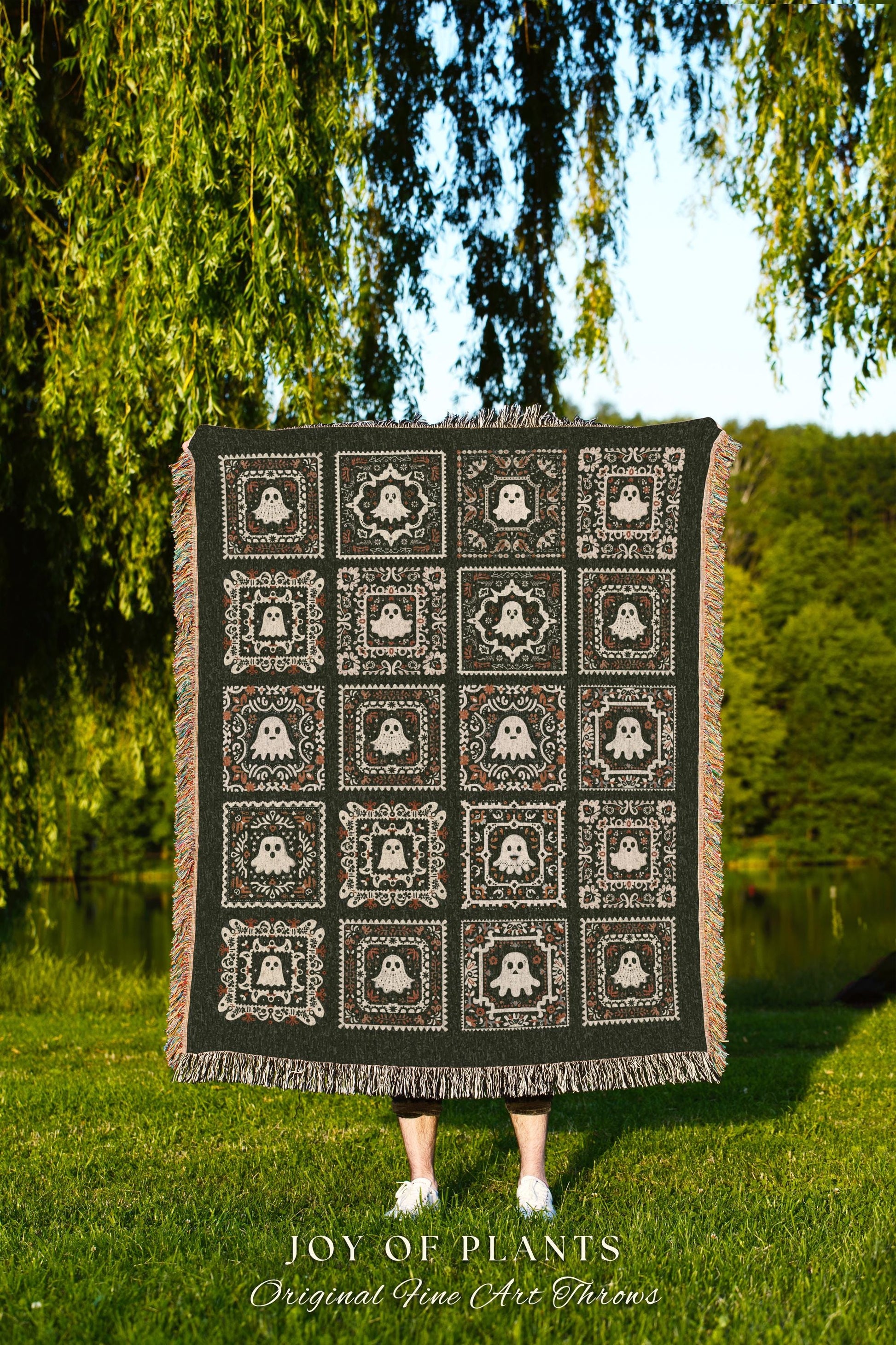 Cute Ghost Throw Blanket Cozy Goth | Dark Forest Green Whimsigoth Throw Blanket Book Nook Home Decor Retro Fall Vibes Gift for Ghost Lover