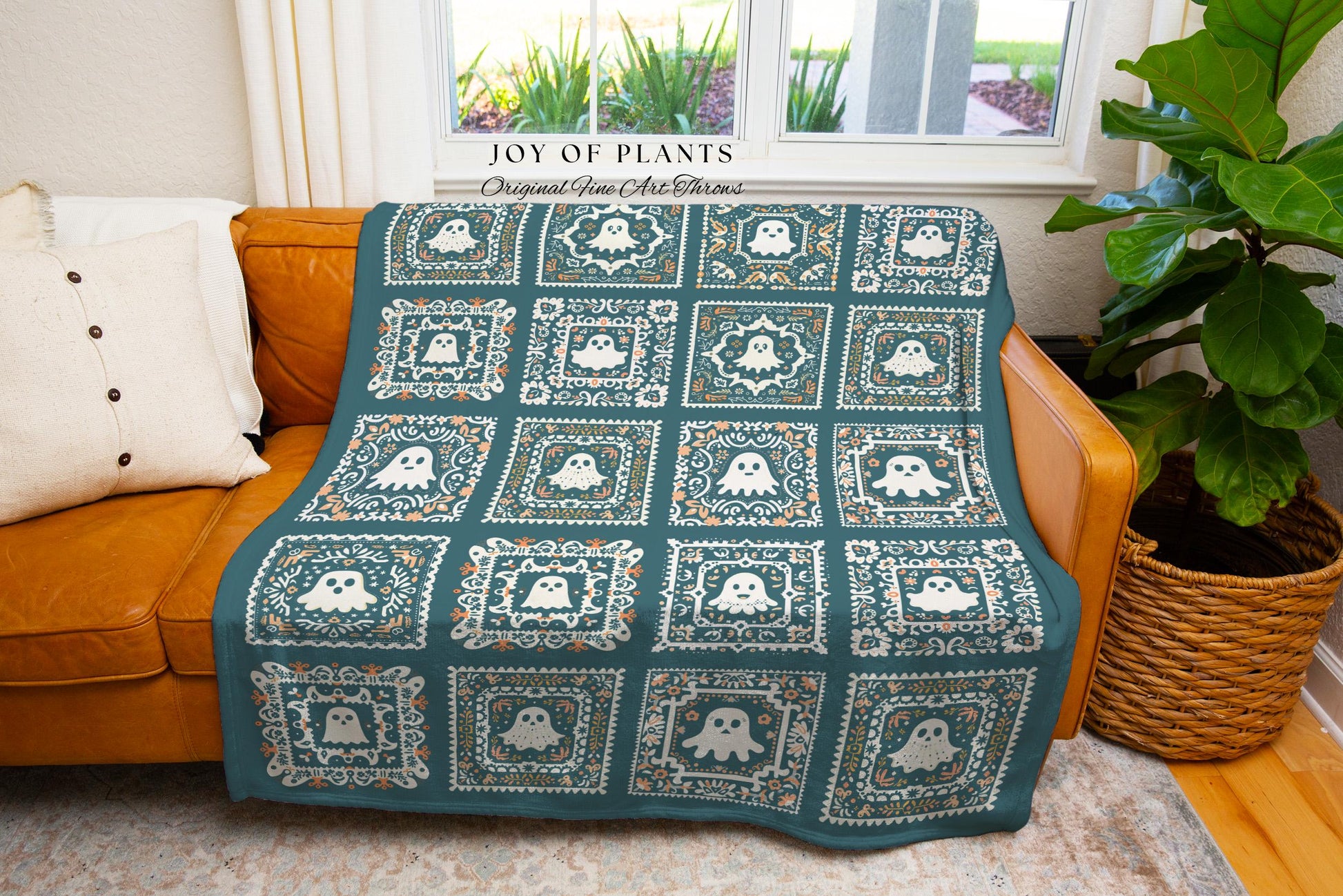 Elegant Ghost Picnic Blanket Spooky Cute | Ethereal Teal Retro Halloween Throw Blanket Book Nook Home Decor Fall Vibes Gift for Ghost Lover