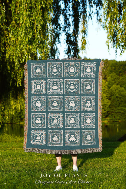 Elegant Ghost Picnic Blanket Spooky Cute | Ethereal Teal Retro Halloween Throw Blanket Book Nook Home Decor Fall Vibes Gift for Ghost Lover