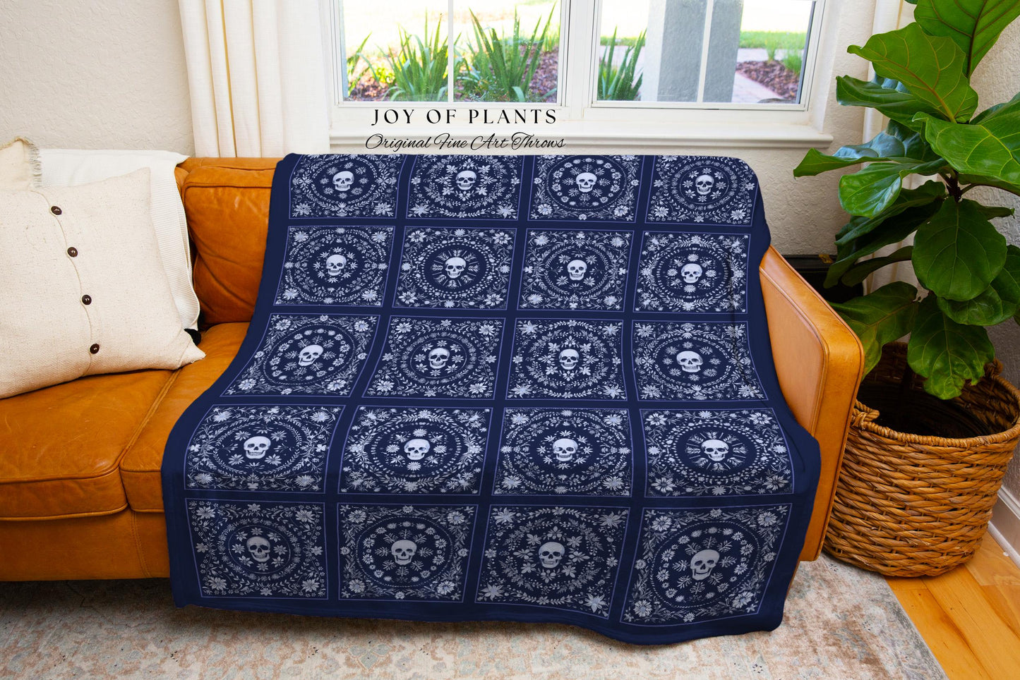 Navy Blue Skull Woven Throw Blanket | Goblincore Bedroom Whimsigoth Throw Blanket Book Nook Home Decor Fall Vibes Gift for Halloween Retro