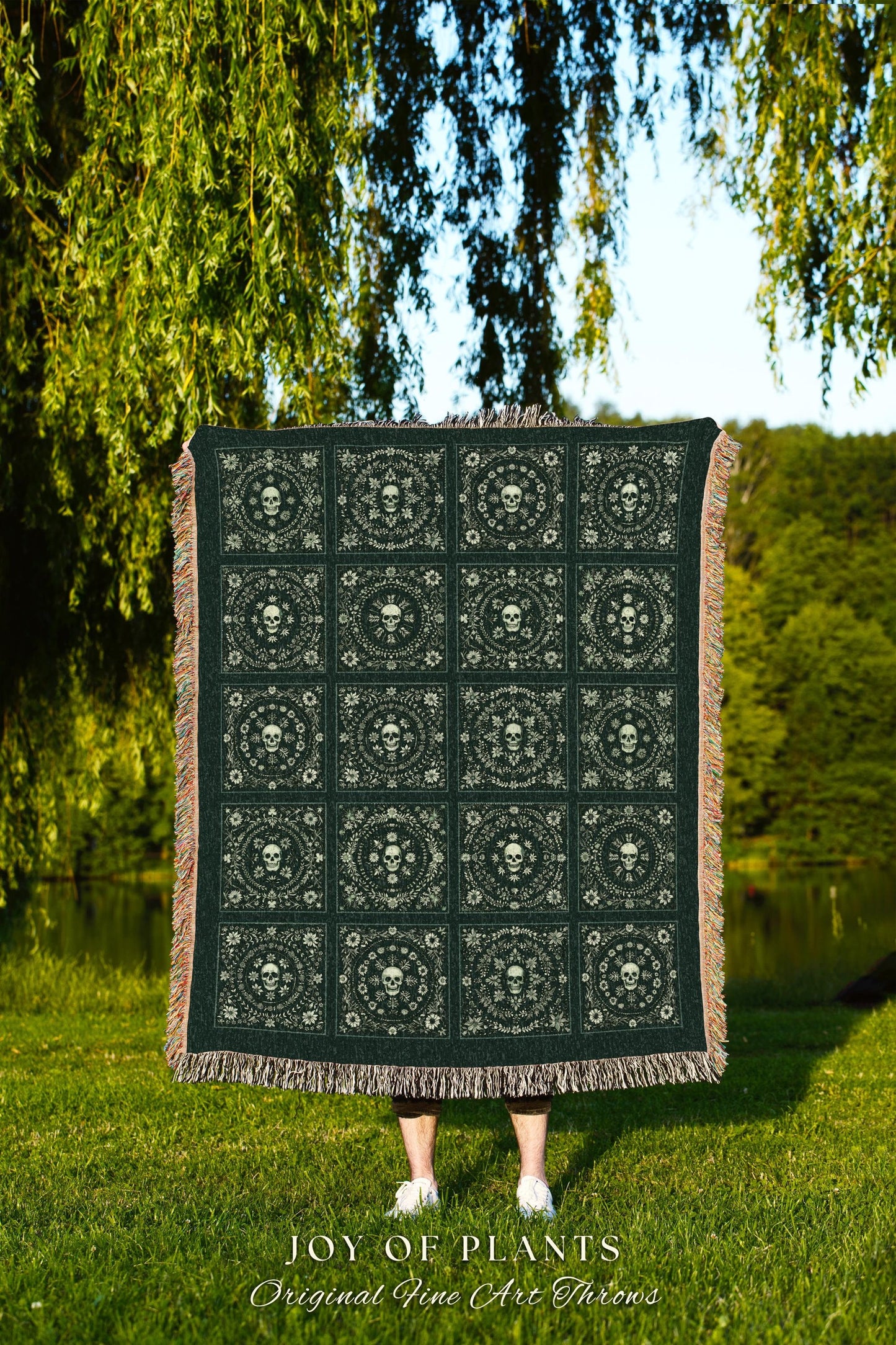 Forest Green Woven Skull Tapestry | Pastel Goth Whimsigoth Throw Blanket Book Nook Home Decor Fall Vibes Gift for Halloween Aesthetic Cute |