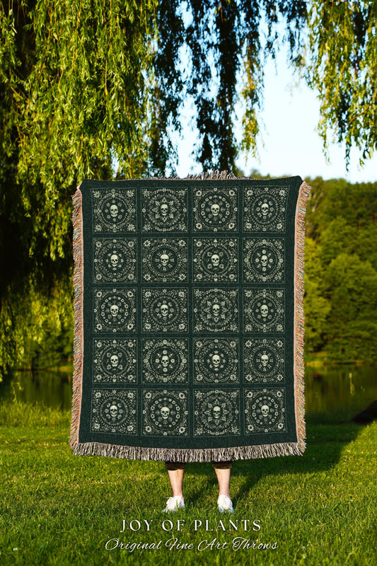 Forest Green Woven Skull Tapestry | Pastel Goth Whimsigoth Throw Blanket Book Nook Home Decor Fall Vibes Gift for Halloween Aesthetic Cute |