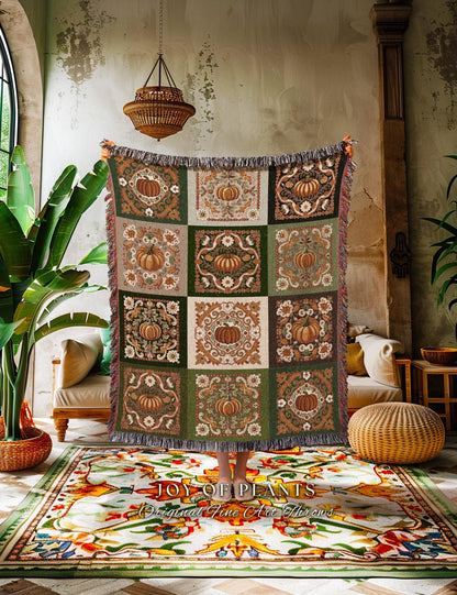 Retro Fall Pumpkin Blanket Woven Cozy | Autumn Colors Home Decor Whimsical Halloween Throw Blanket Book Nook Room Decor Fall Vibes Cute |