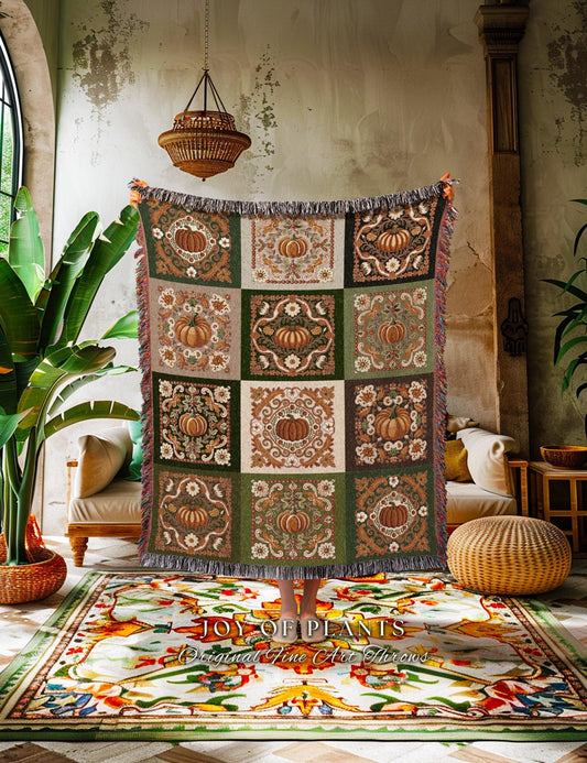 Retro Fall Pumpkin Blanket Woven Cozy | Autumn Colors Home Decor Whimsical Halloween Throw Blanket Book Nook Room Decor Fall Vibes Cute |