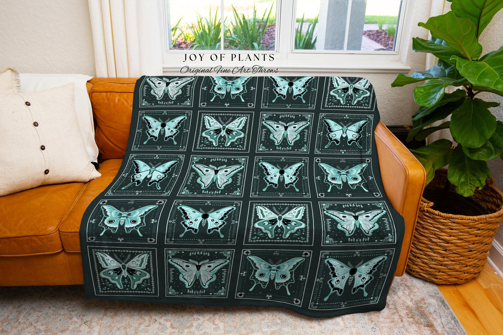 Ethereal Luna Moth Tapestry Blanket | Fairycore Woven Blanket Dark Teal Butterfly Room Decor for Moth Lover Cottagecore Bedroom Whimsigoth