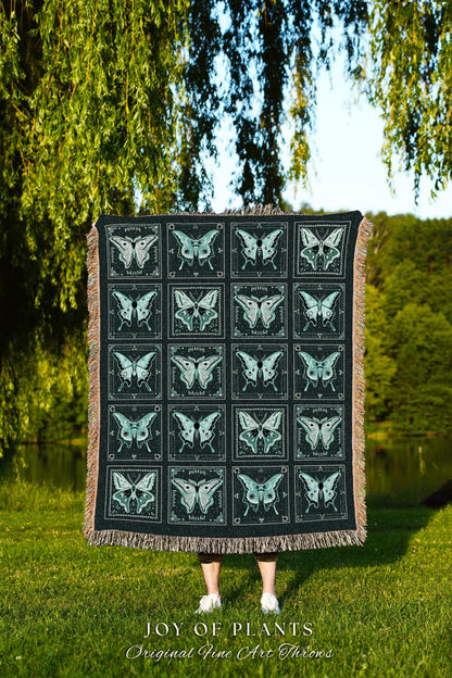 Ethereal Luna Moth Tapestry Blanket | Fairycore Woven Blanket Dark Teal Butterfly Room Decor for Moth Lover Cottagecore Bedroom Whimsigoth