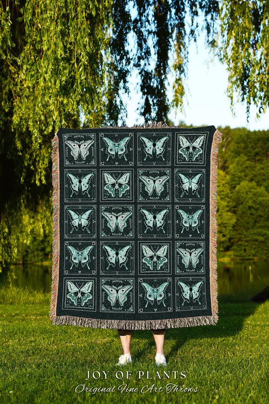 Ethereal Luna Moth Tapestry Blanket | Fairycore Woven Blanket Dark Teal Butterfly Room Decor for Moth Lover Cottagecore Bedroom Whimsigoth