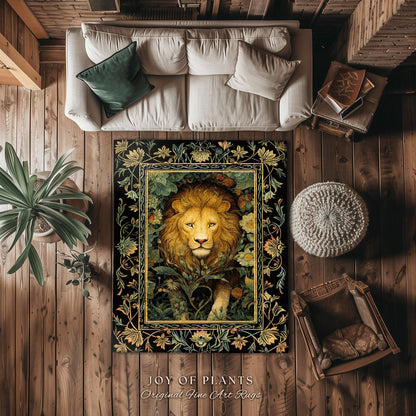 Dark Jungle Lion Botanical Rug Dark Academia Decor | King of the Jungle Morris Inspired Dark Cottagecore Floral Decor Gift for Lion Lovers