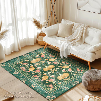 Elegant Emerald Green Pumpkin Floral Rug Whimsical Cottagecore Decor | Vintage Aesthetic Autumn Botanical Enchanting Art Nouveau Fall Decor