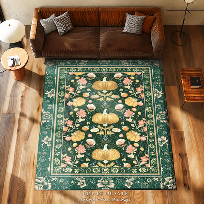 Elegant Emerald Green Pumpkin Floral Rug Whimsical Cottagecore Decor | Vintage Aesthetic Autumn Botanical Enchanting Art Nouveau Fall Decor