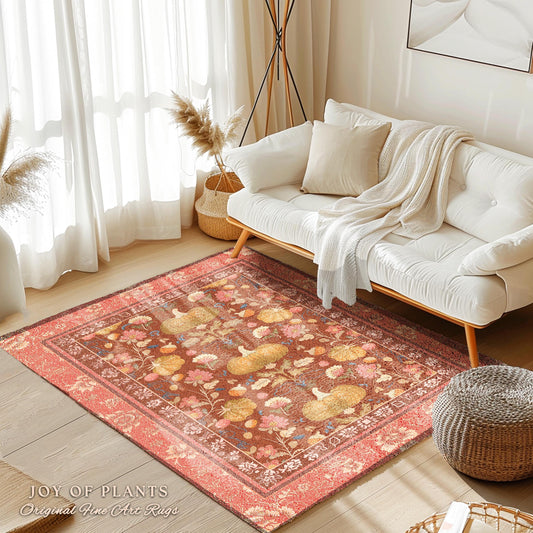 Whimsical Peach Soft Cottagecore Pumpkin Rug Pastel Botanical Coquette Decor | Boho Fairycore Decor Floral Pumpkin Rug Light Gothic Design