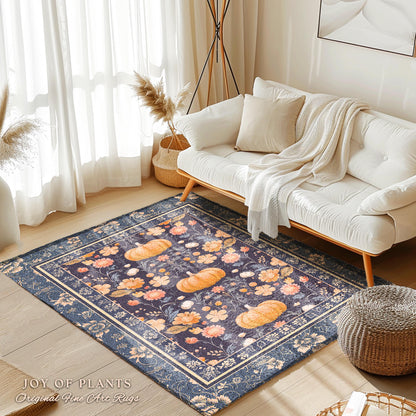 Boho Pumpkin Blue Rustic Rug Whimsical Floral Cottagecore Decor | Vintage Aesthetic Farmhouse Fall Pumpkin Decor Fairycore Home Decor Rug