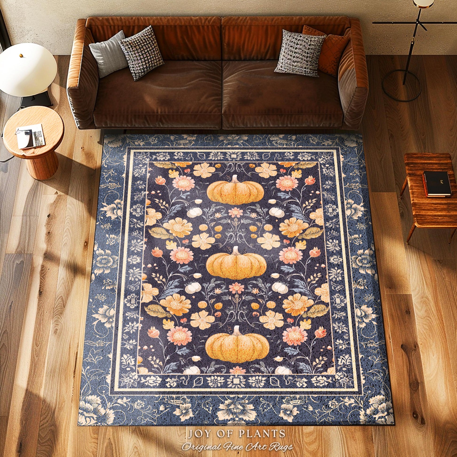 Boho Pumpkin Blue Rustic Rug Whimsical Floral Cottagecore Decor | Vintage Aesthetic Farmhouse Fall Pumpkin Decor Fairycore Home Decor Rug