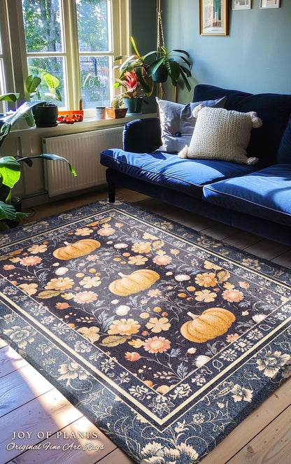 Boho Pumpkin Blue Rustic Rug Whimsical Floral Cottagecore Decor | Vintage Aesthetic Farmhouse Fall Pumpkin Decor Fairycore Home Decor Rug