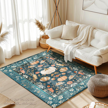 Floral Teal Art Nouveau Pumpkin Rug Rustic Botanical Decor | Whimsical Pumpkin Rug Boho Eclectic Unique Coquette Decor Cozy Fall Fairycore