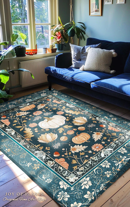 Floral Teal Art Nouveau Pumpkin Rug Rustic Botanical Decor | Whimsical Pumpkin Rug Boho Eclectic Unique Coquette Decor Cozy Fall Fairycore