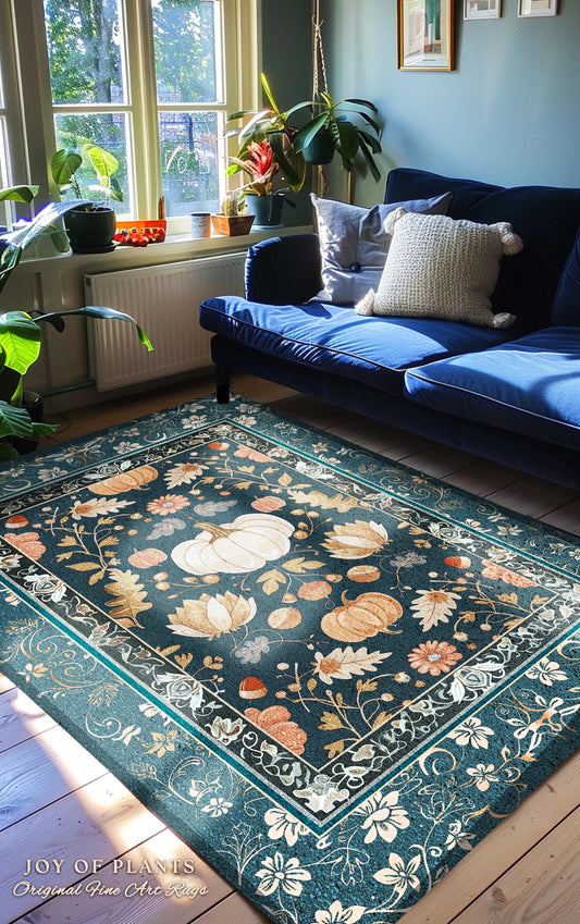 Floral Teal Art Nouveau Pumpkin Rug Rustic Botanical Decor | Whimsical Pumpkin Rug Boho Eclectic Unique Coquette Decor Cozy Fall Fairycore