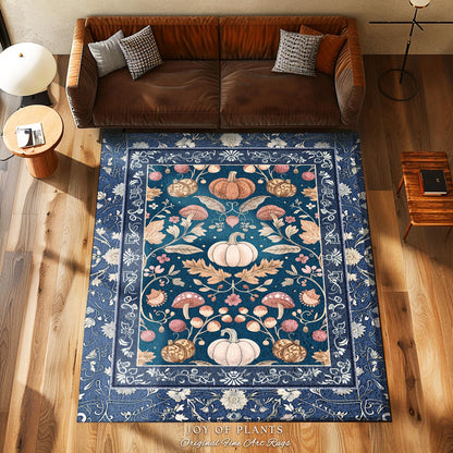 Country Cottage Whimsical Pumpkin Rug Boho Cottagecore Farmhouse Aesthetic | Scandinavian Folk Art Rustic Blue Floral Retro Forestcore Decor