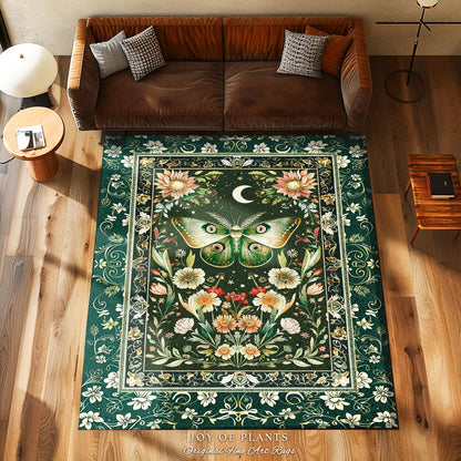 Botanical Moth Moon Rug Whimsical Floral Fairycore Enchanted Forest Art, Vintage Forest Green Cottagecore Woodland Whimsy Butterfly Decor