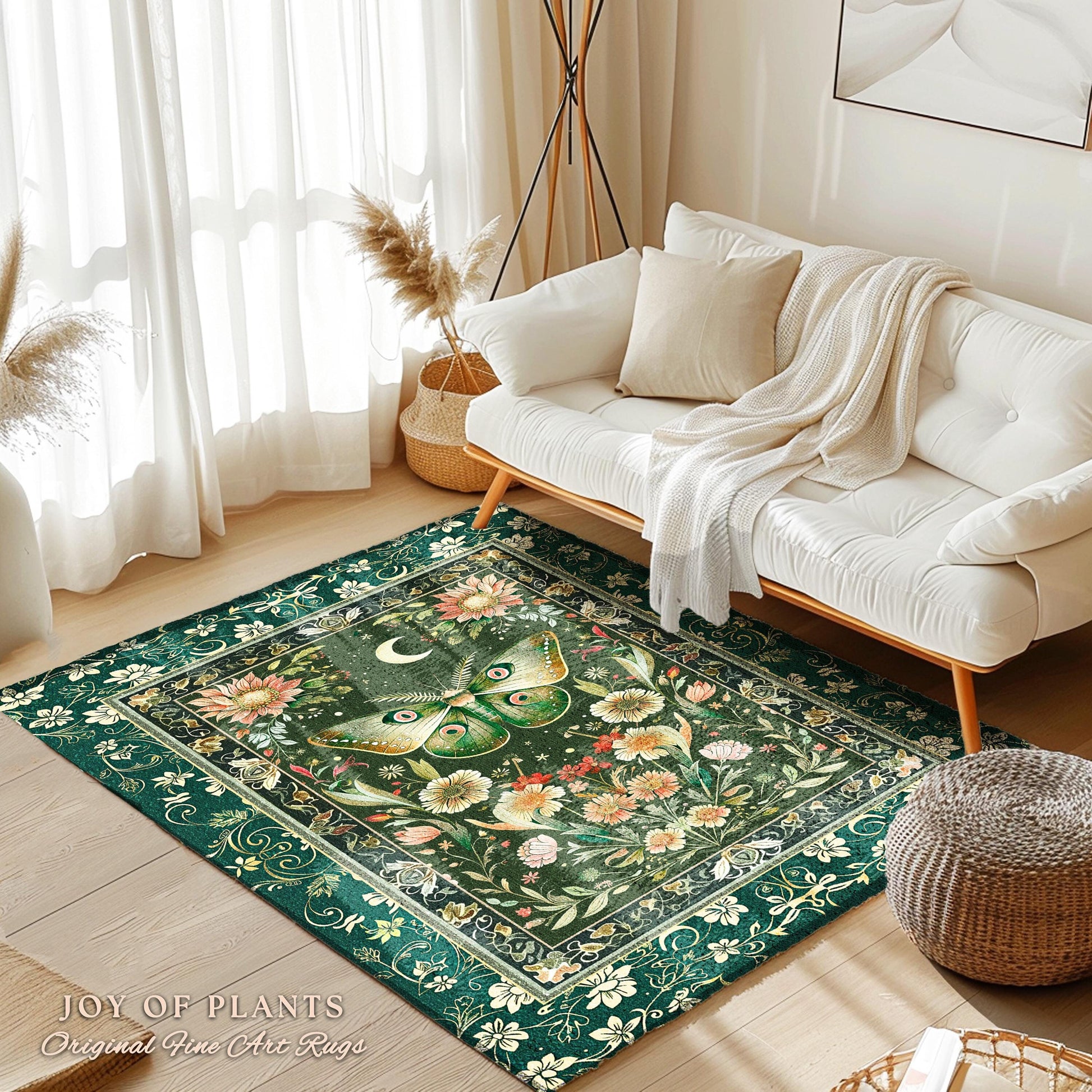 Botanical Moth Moon Rug Whimsical Floral Fairycore Enchanted Forest Art, Vintage Forest Green Cottagecore Woodland Whimsy Butterfly Decor