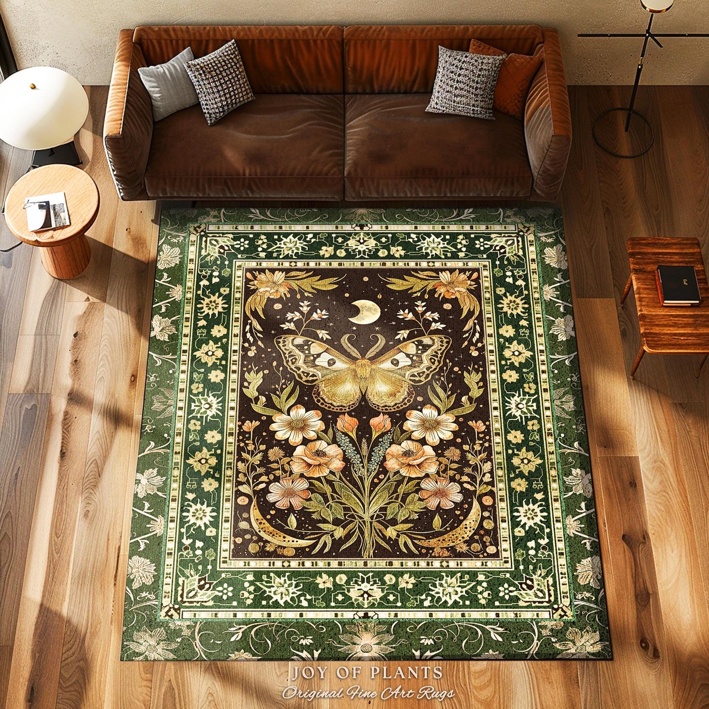 Hippie Moth Moon Accent Rug | Floral Whimsy Fairy Aesthetic Enchanted Forest Art Vintage Forest Green Cottagecore Woodland Butterfly Bedroom