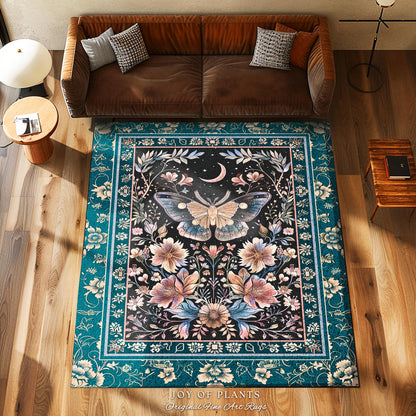 Bohemian Moth Moon Celestial Floral Fairycore Rug Teal Boho Butterfly Whimsigothic Art, Whimsical Celestial Teal Dark Cottagecore Home Decor