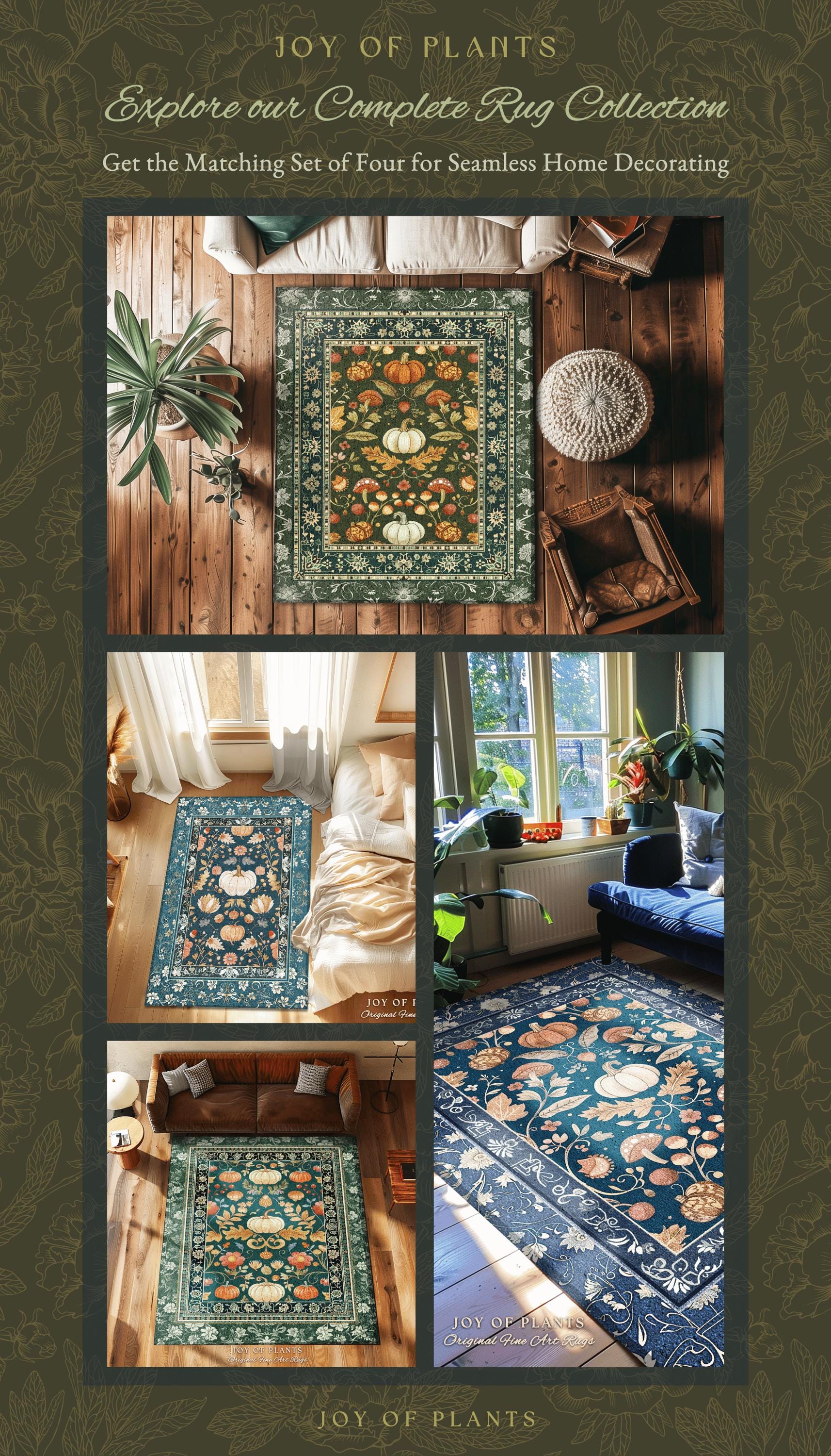 Floral Teal Art Nouveau Pumpkin Rug Rustic Botanical Decor | Whimsical Pumpkin Rug Boho Eclectic Unique Coquette Decor Cozy Fall Fairycore