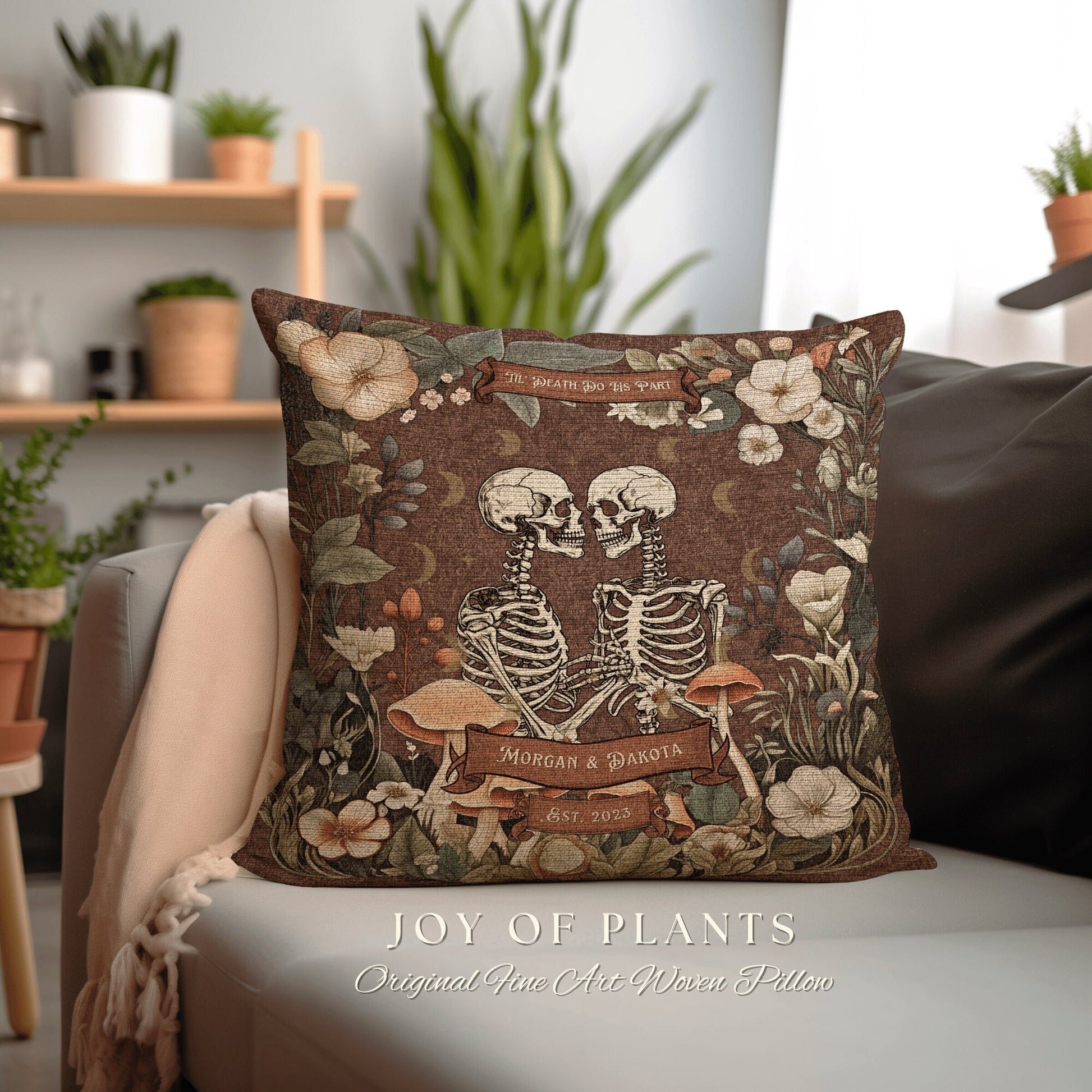 Personalized Skeleton Couple Pillow | Dark Academia Decor Custom Skeleton Couple Gift Meaningful Mr & Mrs Gift for Goths Unique Couples Gift