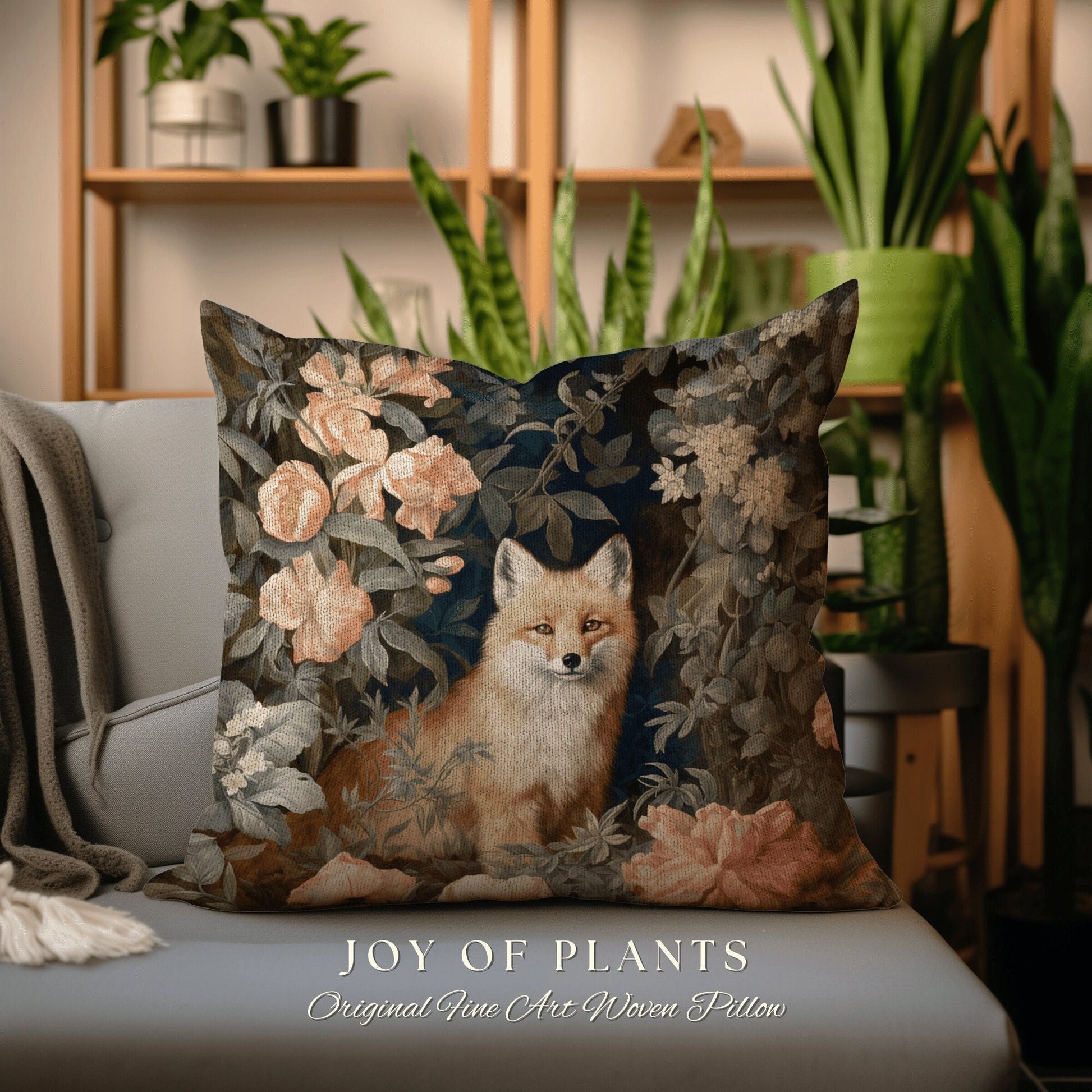 Floral Pastel Fox Pillow | William Morris Inspired Throw Pillow Woodland Forestcore Decor Pillow Maximalist Home Decor Throw Pillow Fox Art