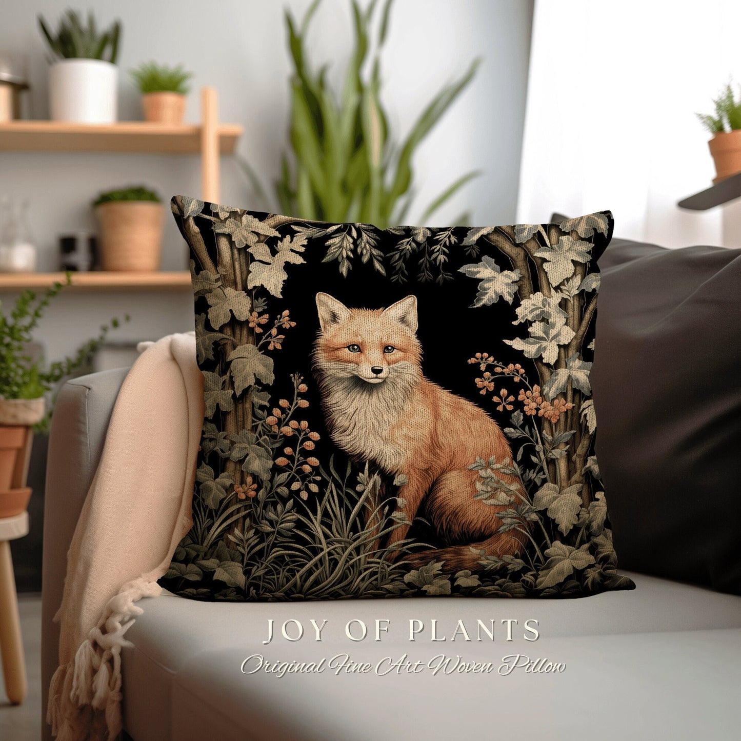 Dark Woodland Fox Pillow Woven | William Morris Inspired Pillow Woodland Decor Pillow Maximalist Home Decor Throw Pillow Botanical Throw |