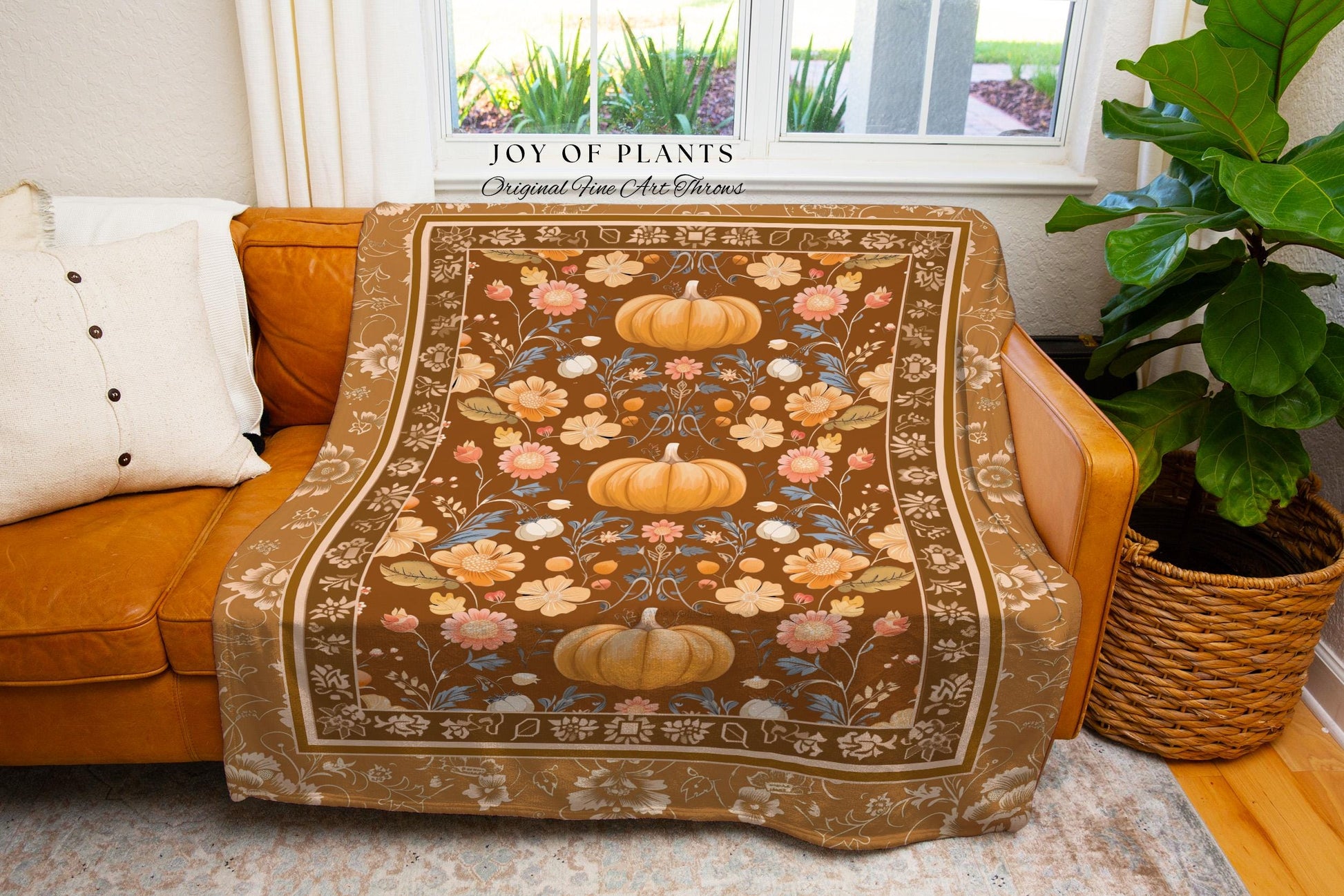 Vintage Rust Orange Pumpkin Tapestry Rustic Fall Decor | Autumn Floral Cottagecore Pumpkin Farmhouse Blanket Retro Whimsical Harvest Throw