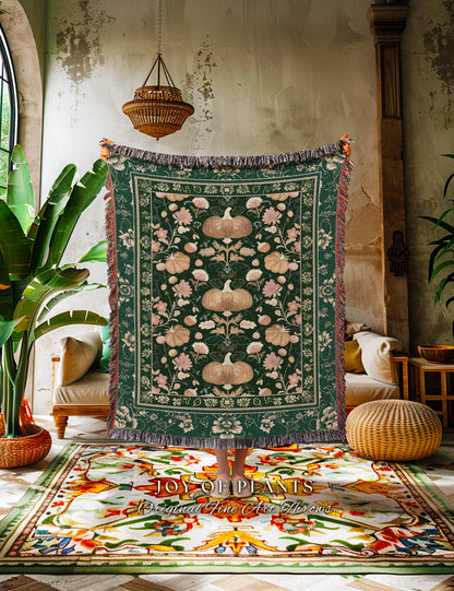 Elegant Emerald Green Pumpkin Floral Blanket Whimsical Cottagecore | Vintage Aesthetic Autumn Botanical Enchanting Art Nouveau Fall Tapestry