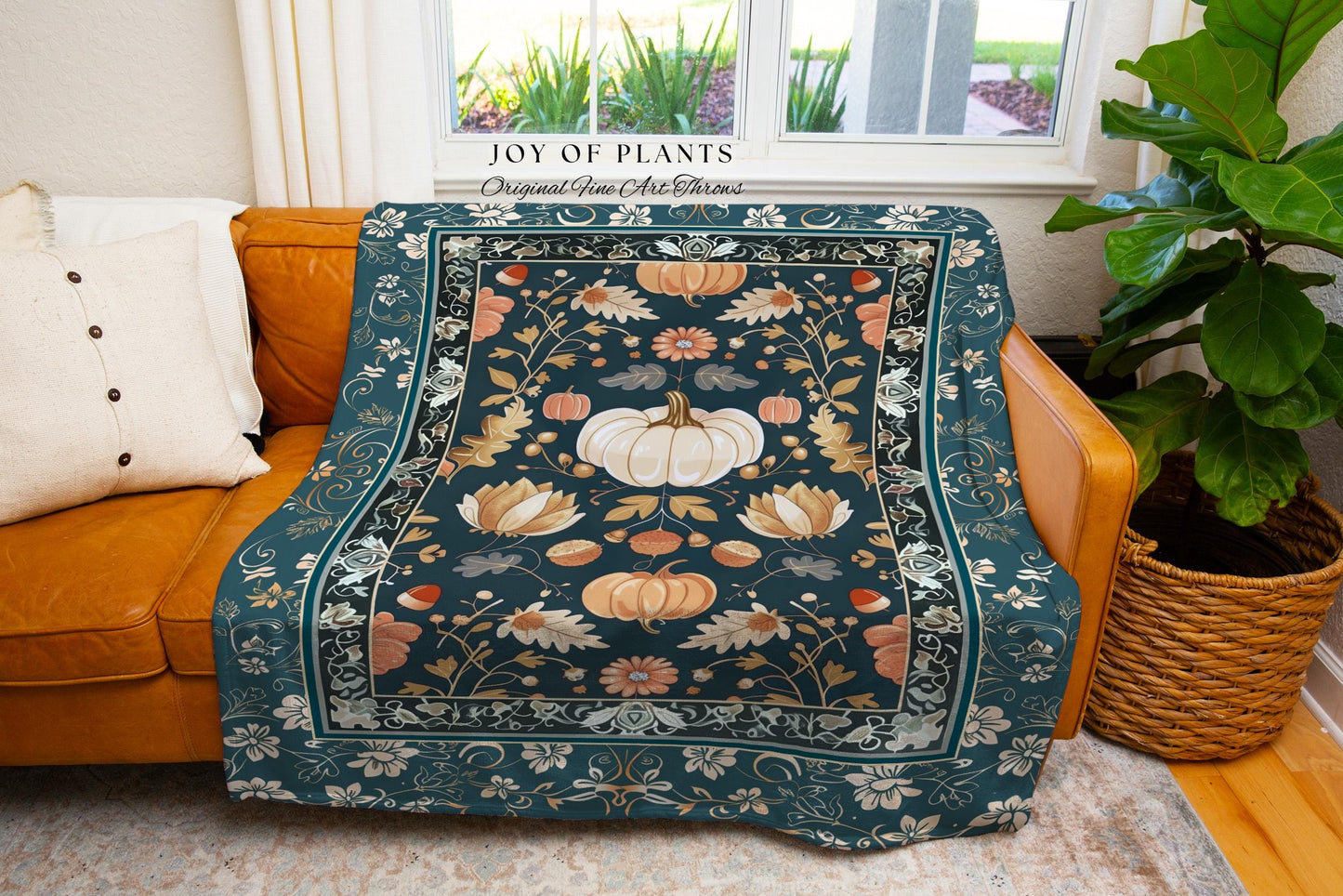 Floral Teal Art Nouveau Pumpkin Tapestry Throw Rustic Botanical Decor | Whimsical Pumpkins Blanket Boho Coquette Decor Cozy Fall Fairycore