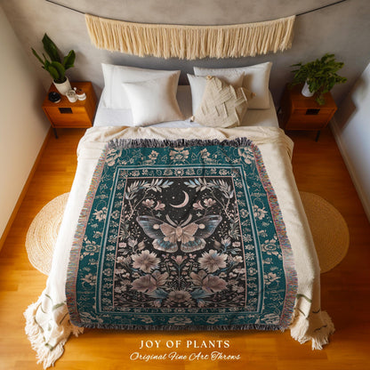 Boho Moth Moon Fairycore Throw Teal Bohemian Butterfly Floral Woven Tapestry Blanket | Whimsical Celestial Teal Dark Cottagecore Home Decor