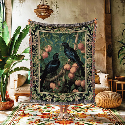 Dark Botanical Raven Woven Throw Gothic Forestcore Home Decor | Dark Academia Tapestry Blanket Crowcore Decor Whimsigoth Aesthetic Bird Art