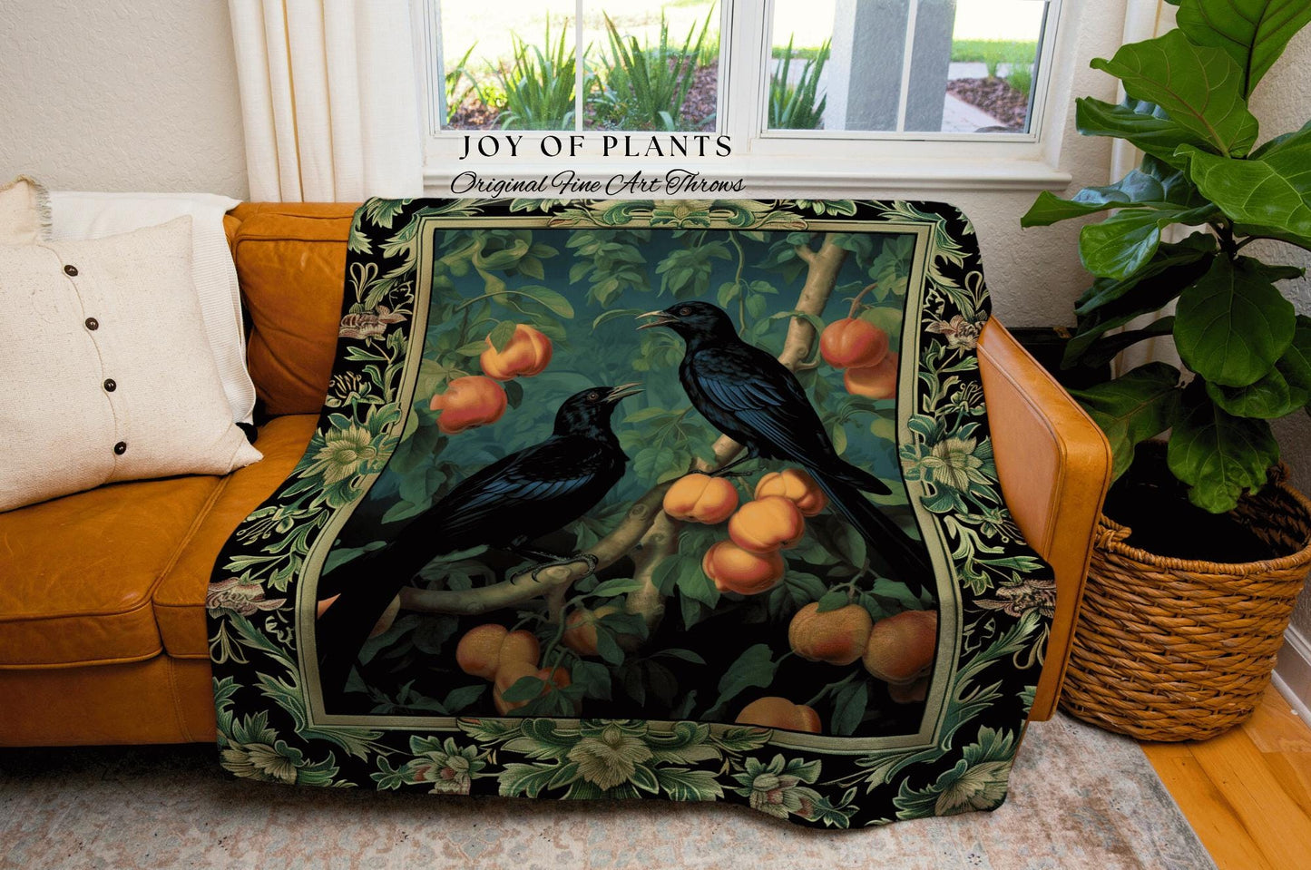 Dark Botanical Raven Woven Throw Gothic Forestcore Home Decor | Dark Academia Tapestry Blanket Crowcore Decor Whimsigoth Aesthetic Bird Art