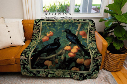 Dark Botanical Raven Woven Throw Gothic Forestcore Home Decor | Dark Academia Tapestry Blanket Crowcore Decor Whimsigoth Aesthetic Bird Art