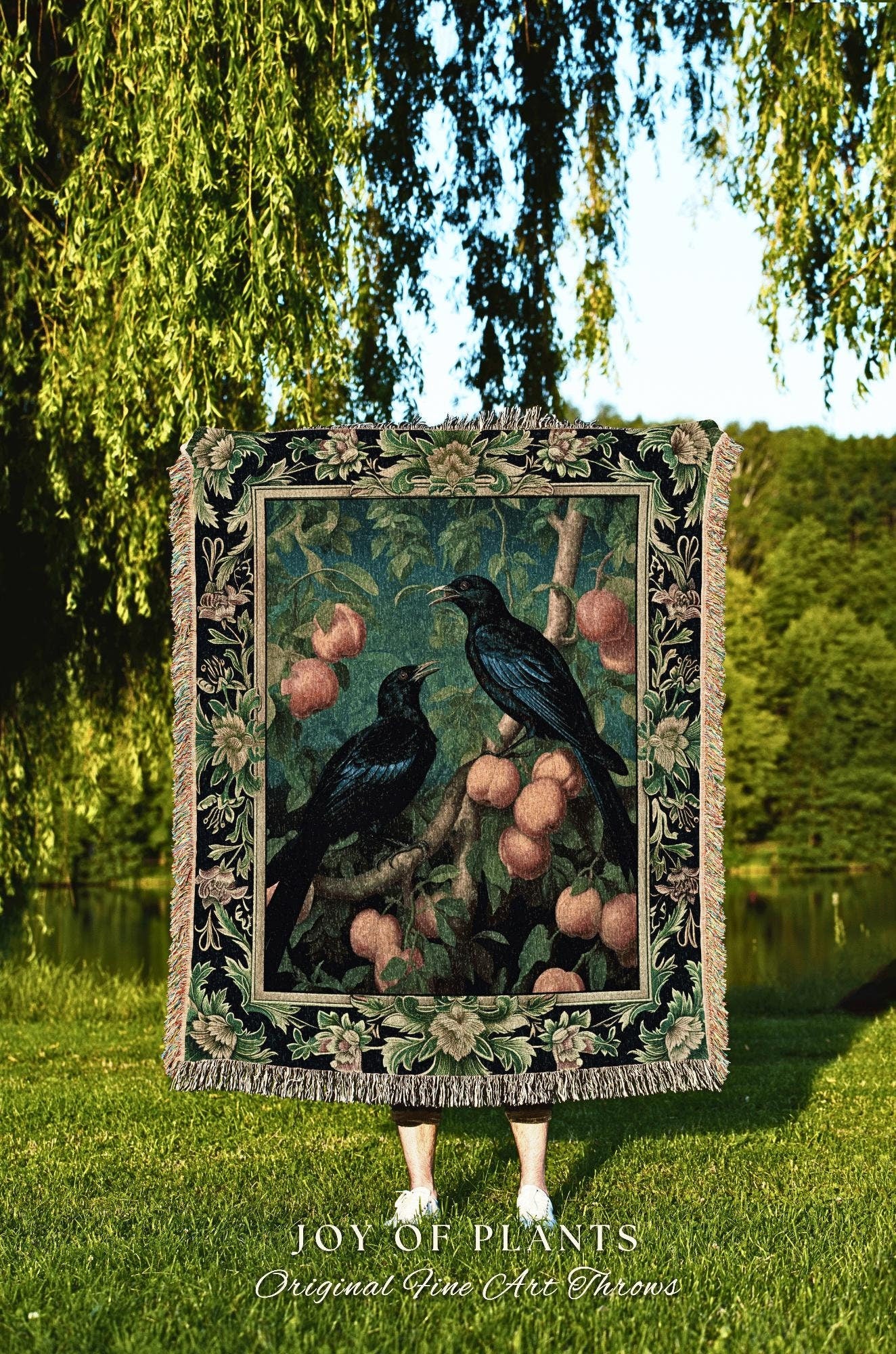 Dark Botanical Raven Woven Throw Gothic Forestcore Home Decor | Dark Academia Tapestry Blanket Crowcore Decor Whimsigoth Aesthetic Bird Art