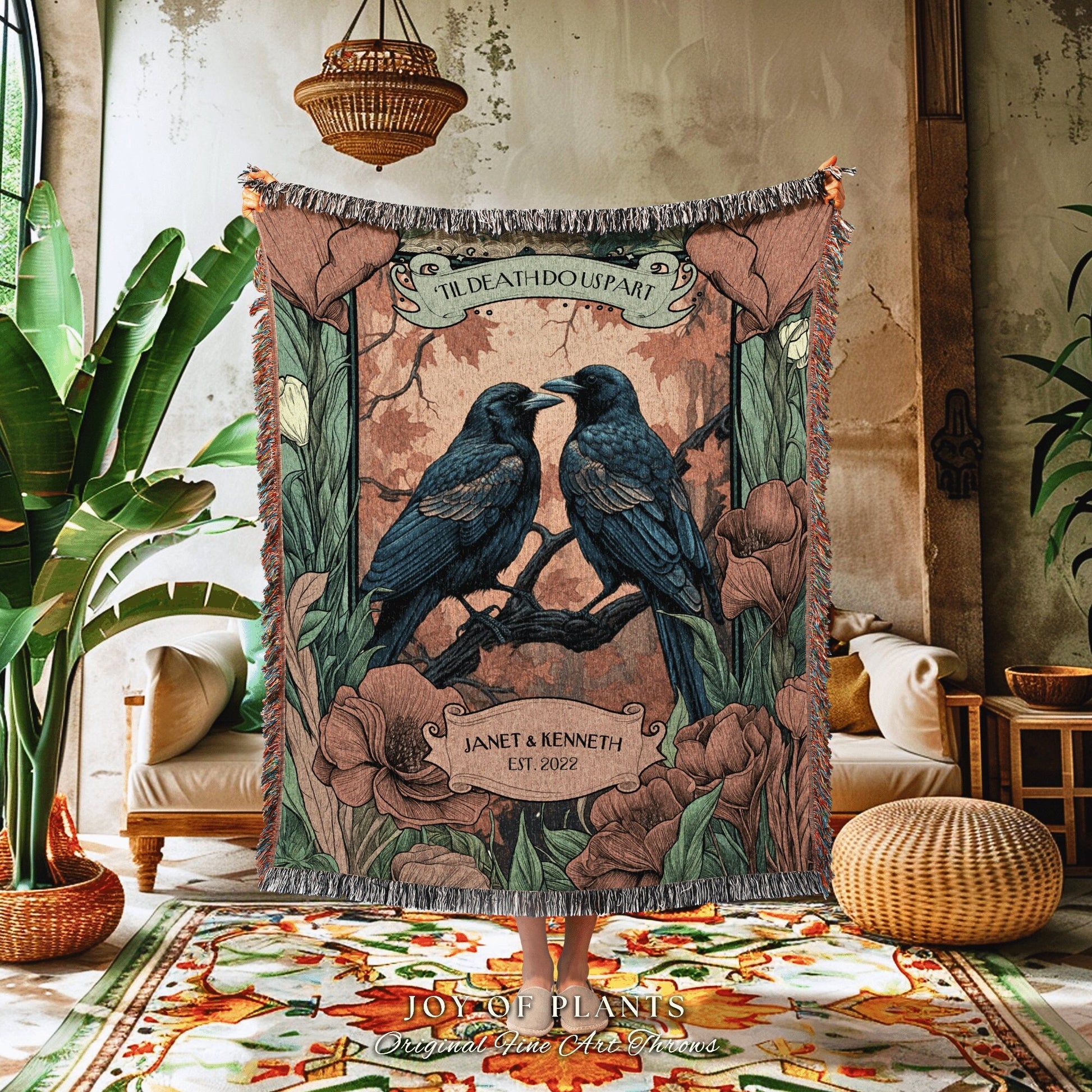 His and Hers Gothic Anniversary Blanket | Crowcore Aesthetic Woven Throw Personalized Dating Anniversary 'Til Death do us Part' Custom |