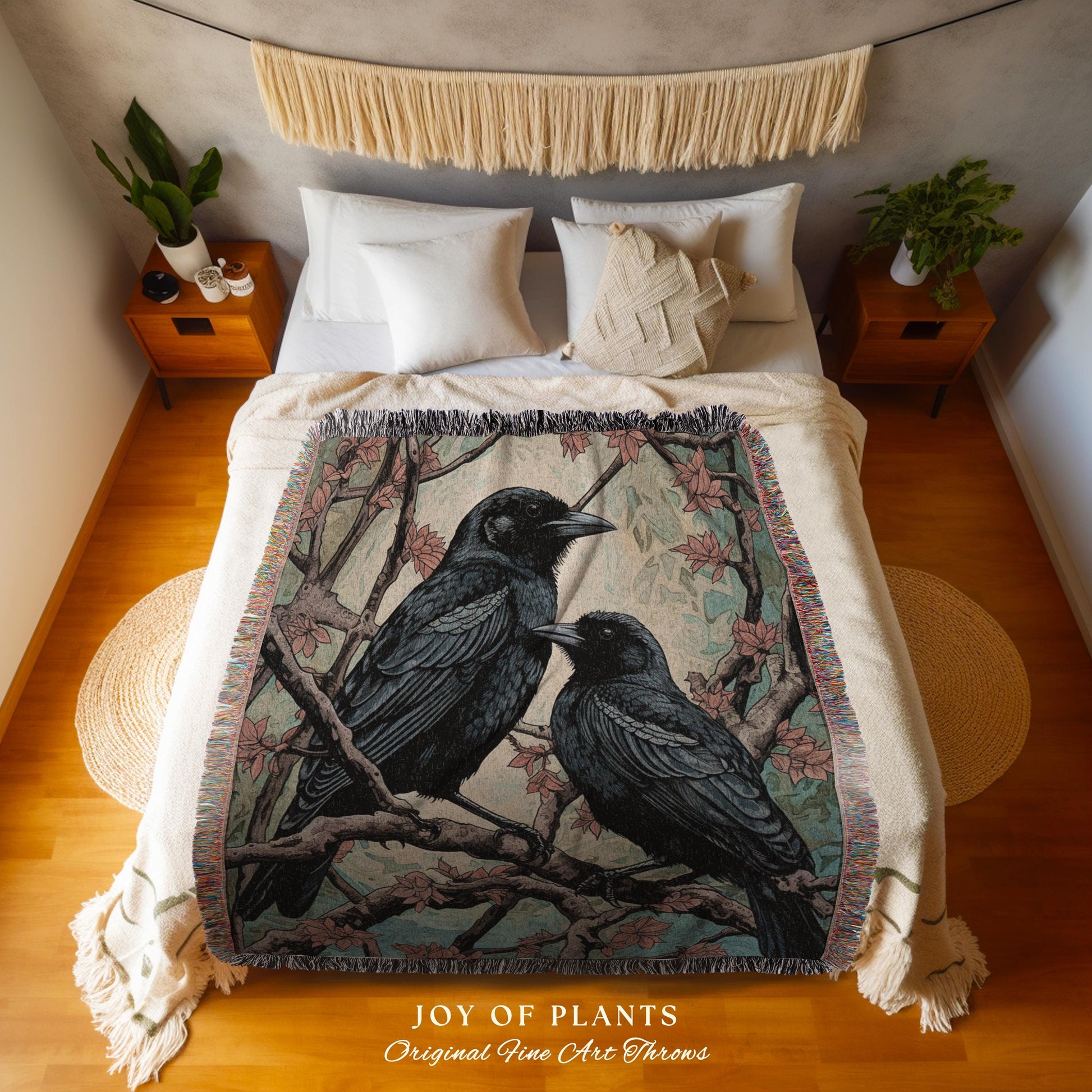 Dark Academia Raven Blanket Goth Aesthetic Crowcore Throw Blanket Woven Wall Hanging | Whimsigoth Room Decor Crowcore Dark Cottagecore Throw